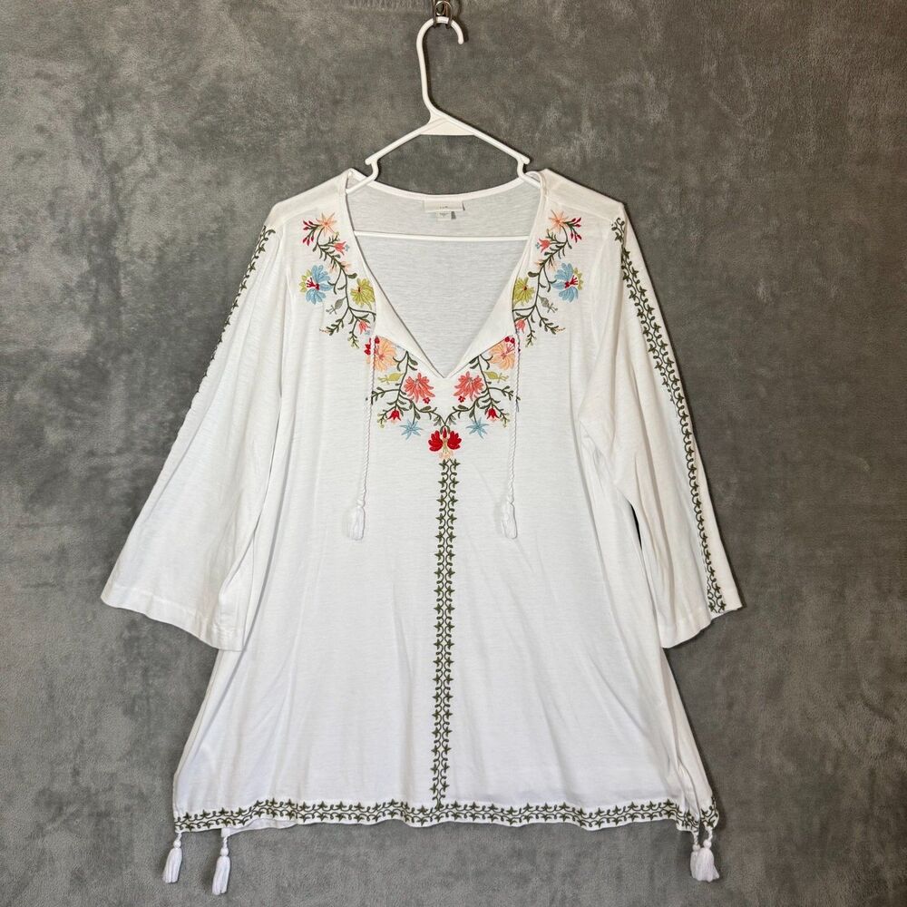 J. Jill Embroidered Tunic Women L White Floral Tassel Boho Peasant Blouse Fairy